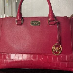 Michael Kors Cherry Red Satchel with Gold Accents